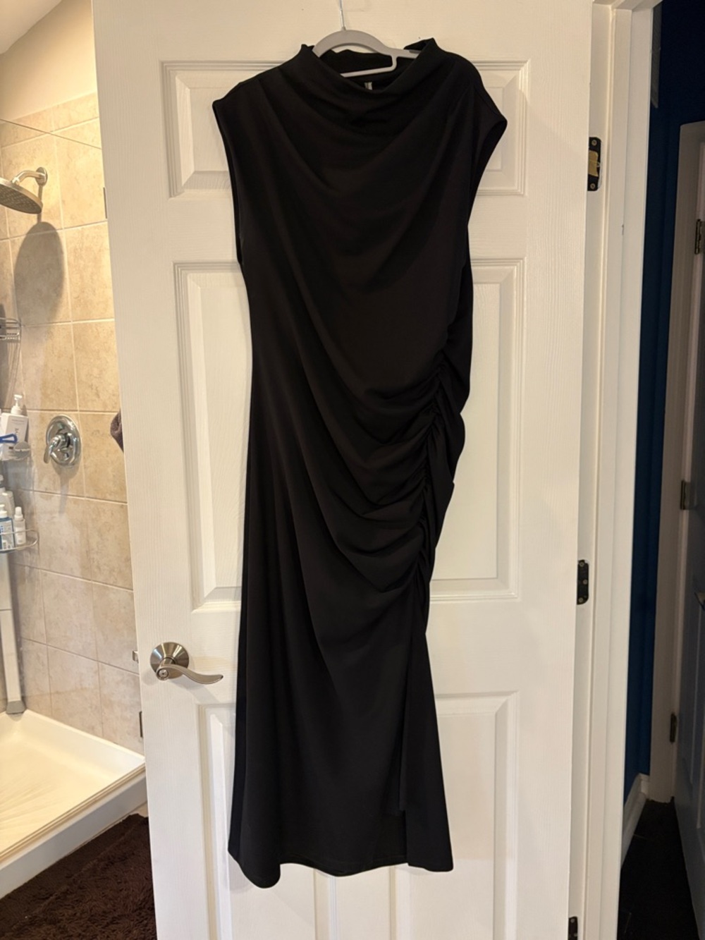 Anthropologie Black Draped Midi Dress with Ruched Side